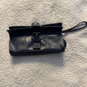 Leather Blue Wristlet Clutch with Structured Design
